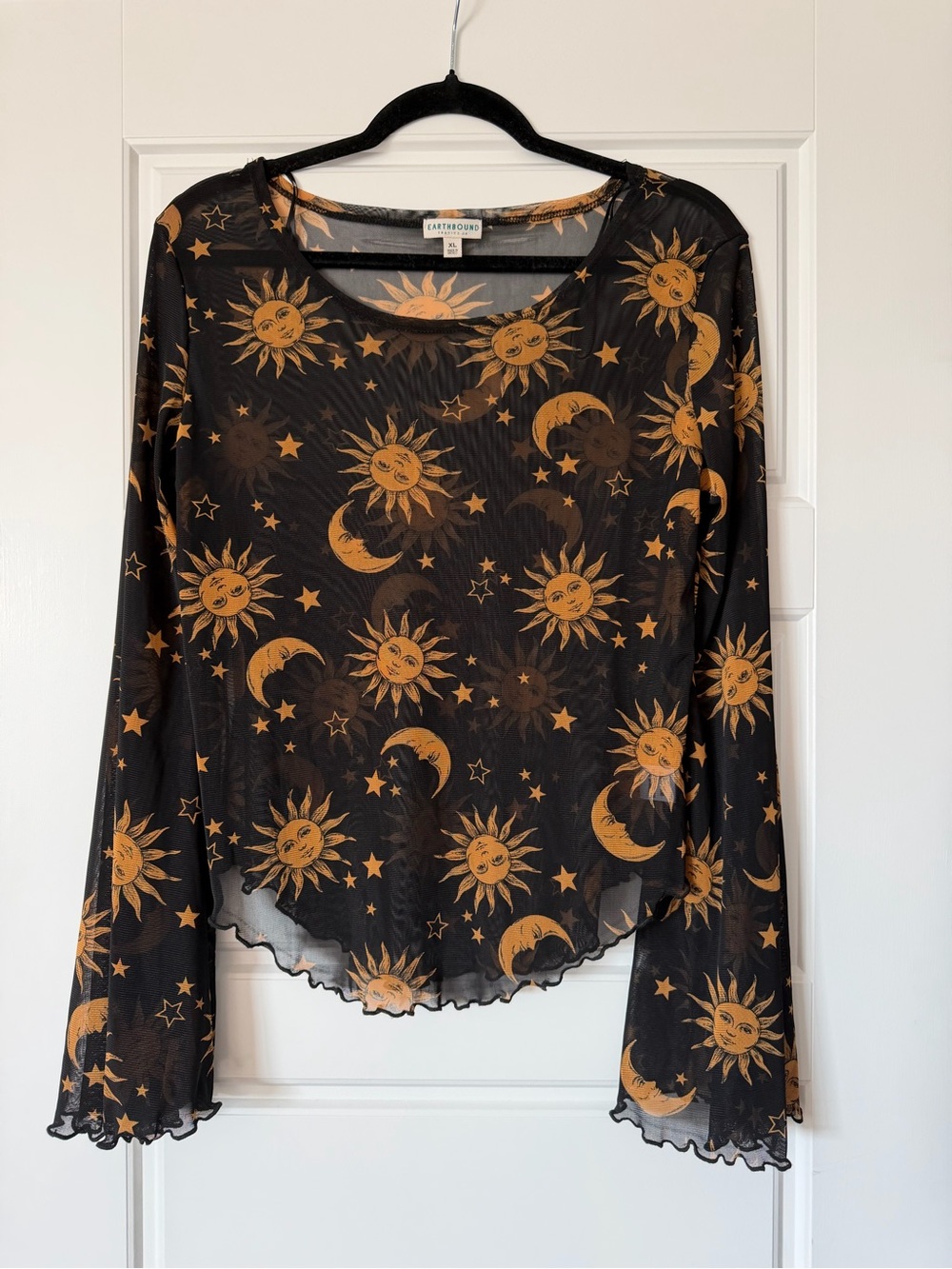 EARTHBOUND Black Mesh Long-Sleeve Top with Gold Sun & Moon Print